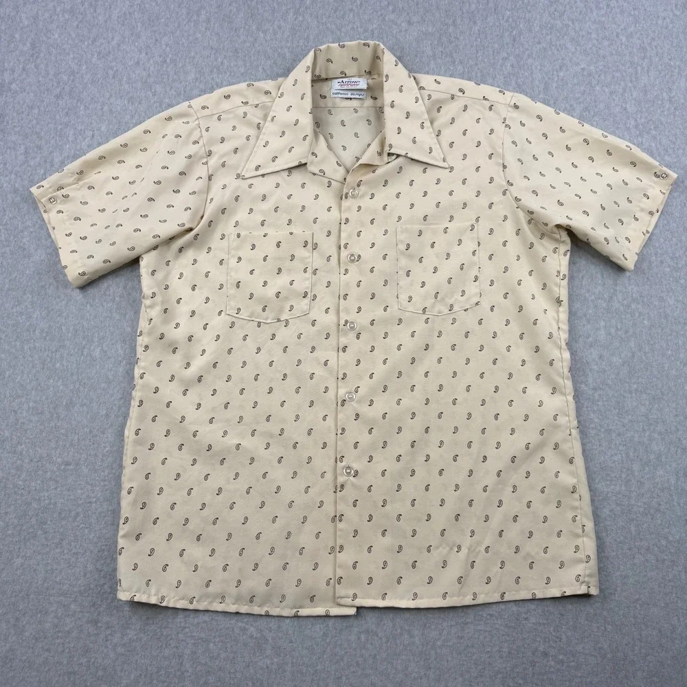 Vintage Arrow Sportswear Shirt Mens Large Beige Paisley 70s Loop Collar Camp